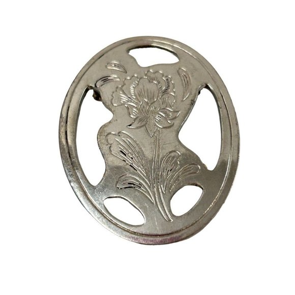 Vintage Signed Kirk Stieff Pewter Brooch Pin Etched Floral 2.25" - Picture 2 of 6
